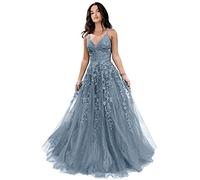 Tüll-Abschlussballkleider für Damen, glitzernde Spitzenapplikationen, lange Ballkleider mit Spaghettiträgern, A-Linie, Abendkleider, dusty blue, 34