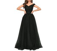 Tüll-Abschlussballkleider für Damen, lang, schulterfrei, Ballkleid, A-Linie, Herzausschnitt, gerüscht, formelles Abendkleid, Schwarz , 44