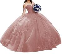 Tüll Prinzessin Quinceanera Kleid 3D Blume Puffy Gefiedert Perlen Sweet 16 Party Ballkleid Schulterfrei, Dusty Rose, 32