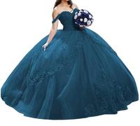 Tüll Prinzessin Quinceanera Kleid 3D Blume Puffy Gefiedert Perlen Sweet 16 Party Ballkleid Schulterfrei, blaugrün, 48