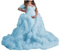 Tüll Puffy Robe für Mutterschaft Fotoshooting, V-Ausschnitt, schulterfrei, Braut-Dessous, Nachthemd, Babyparty-Kleid, himmelblau, 34