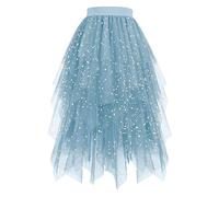 Tüllrock Blau, Tüllrock Damen Tüll Röcke High Low Layered Puffy Fee A-Linie Midi Rock Unregelmäßiger Tutu Weich Knielang Bunt Skirt Silvester Festival Outfit für Abschlussball Karneval Party