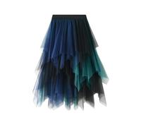 Tüllrock Damen Elastischer Hoher Bund Midirock Mesh Asymmetrisch Röcke Kurzer Skater Faltenrock Sommerrock mit Shorts,Grün auf Blau
