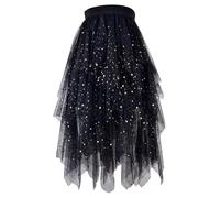 Tüllrock Damen Lang a Linie Hoch tailliert Unregelmäßig Rock Faltenrock Tütü Midi Party Maxirock Midirock Faschingskostüme Mesh Tutu Unterrock Fasching Karneval Schwarz L