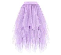 Tüllrock Damen Tüll Röcke High Low Layered Puffy Fee A-Linie Midi Rock Unregelmäßiger Tutu Elegant Weich Knielang Bunt Skirt Silvester Festival Outfit für Abschlussball Karneval Party