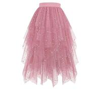 Tüllrock Damen Tüll Röcke High Low Layered Puffy Fee A-Linie Midi Rock Unregelmäßiger Tutu Elegant Weich Knielang Bunt Skirt Silvester Festival Outfit für Abschlussball Karneval Party