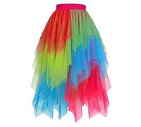 Tüllrock Damen Tüll Röcke High Low Layered Puffy Fee A-Linie Midi Rock Unregelmäßiger Tutu Elegant Weich Knielang Bunt Skirt Silvester Festival Outfit für Abschlussball Karneval Party