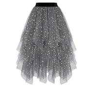 Tüllrock Grau, Tüllrock Damen Tüll Röcke High Low Layered Puffy Fee A-Linie Midi Rock Unregelmäßiger Tutu Weich Knielang Bunt Skirt Silvester Festival Outfit für Abschlussball Karneval Party