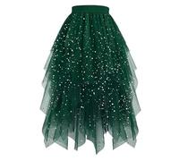 Tüllrock Grün Tüllrock Damen High Low Layered Puffy Fee Röcke Faltenrock Blume Lang Elastische A-Linie Rock Unregelmäßiger Rock Elegant Skater Röcke, Midirock Netz Mesh Karneval Kostüm