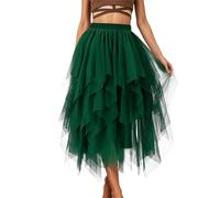 Tüllrock Grün Tüllrock Damen Tüll Röcke Asymmetrisch Tüllröck A-Linie Midi Rock Puffy Fee Röcke Elegant Weich Knielang Layered Tutu Rock Bunt Damen Knielang Tüll Röck(Grün,L)
