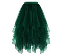 Tüllrock Grün, Tüllrock Damen Tüll Röcke High Low Layered Puffy Fee A-Linie Midi Rock Unregelmäßiger Tutu Weich Knielang Bunt Skirt Silvester Festival Outfit für Abschlussball Karneval Party