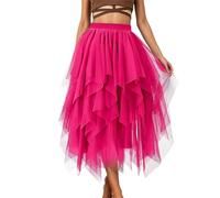 Tüllrock Rosa Tüllrock Damen Tüll Röcke Asymmetrisch Tüllröck A-Linie Midi Rock Puffy Fee Röcke Elegant Weich Knielang Layered Tutu Rock Bunt Damen Knielang Tüll Röck(Rosa,L)