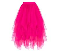 Tüllrock Rosa, Tüllrock Damen Tüll Röcke High Low Layered Puffy Fee A-Linie Midi Rock Unregelmäßiger Tutu Weich Knielang Bunt Skirt Silvester Festival Outfit für Abschlussball Karneval Party
