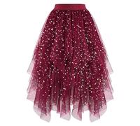 Tüllrock Wine, Tüllrock Damen Tüll Röcke High Low Layered Puffy Fee A-Linie Midi Rock Unregelmäßiger Tutu Weich Knielang Bunt Skirt Silvester Festival Outfit für Abschlussball Karneval Party