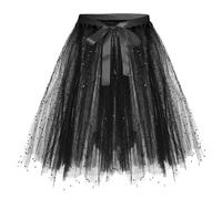 Tütü Tüllrock Damen Karneval Lang Rockabilly Kostüm Regenbogen Rock Bunt Petticoat Tutu Ballet Trock 50Er Mehrschichtiger Taillen Unterrock Prinzessin Tanzkleid Für Party (Black, S)