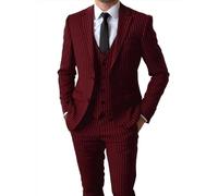 Tuikayoo Herren Nadelstreifen 3 Stück Anzug Slim Fit Elegant Einreihig Business Hochzeit Party Blazer Weste & Hose Set（Burgundisch,4XL）