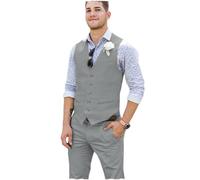 Tuikayoo Männer Sommer Leinen Weste Leinen V-Ausschnitt slim fit Anzug Weste Kleid für Strand Hochzeit Prom Party Urlaub（Hellgrau，XXL）