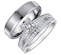 TUNGSTORY 3er-Set Verlobungsringe für Paare - Rhodiniertes Messing mit Zirkonia & 6 mm Wolframring 5-10