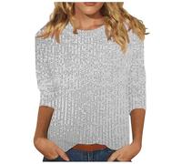 Tunika Damen Elegant Pailletten Oberteil Shirt 3/4 Arm Festliche Bluse Longshirt Rundhals Lässig T-Shirt Baumwolle Glitzer Tee Tops Leichte Vintage Sommershirt Weich Bequem Langarmshirt