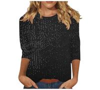 Tunika Damen Elegant Pailletten Oberteil Shirt 3/4 Arm Festliche Bluse Longshirt Rundhals Lässig T-Shirt Baumwolle Glitzer Tee Tops Leichte Vintage Sommershirt Weich Bequem Langarmshirt