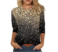 Tunika Damen Elegant Pailletten Oberteil Shirt 3/4 Arm Festliche Bluse Longshirt Rundhals Lässig T-Shirt Baumwolle Glitzer Tee Tops Leichte Vintage Sommershirt Weich Bequem Langarmshirt