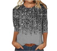 Tunika Damen Glitzer Oberteile T-Shirt 3/4 Arm Lässig Bluse Tops Elegant Pailletten Tee Tops Basic Rundhals Langarmshirt Leicht Baumwolle Longshirt Vintage Neuartige Drucke Sportshirt