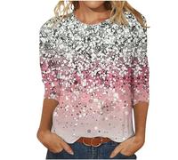 Tunika Damen Glitzer Oberteile T-Shirt 3/4 Arm Lässig Bluse Tops Elegant Pailletten Tee Tops Basic Rundhals Langarmshirt Leicht Baumwolle Longshirt Vintage Neuartige Drucke Sportshirt