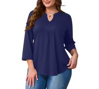 Tunika Damen Große Größen, 3/4 Arm Tshirt Damen V-Ausschnitt Bluse Elegant Sommer Oberteile Lochstickerei Top Lässige Tunika Tops,Blau,L