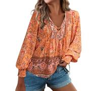 Tunika Damen große größen Oversize Shirt Damen Langarm Bluse Boho Style Indische Kleidung Tunika Hippie Oberteil Ausgefallene Blusenshirt Rosa Weiß Bunt Orange L