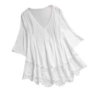 Tunika Damen Große Größen Tshirt 3/4 Arm Spitze Shirtbluse Elegant Oversize Longshirt Lose Lagenlook Festliche V-Ausschnitt Tunika Hemd Longbluse Bluse Oberteile Tops