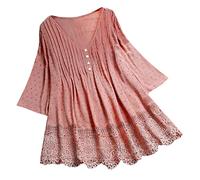 Tunika Damen Große Größen Tshirt 3/4 Arm Spitze Shirtbluse Elegant Oversize Longshirt Lose Lagenlook Festliche V-Ausschnitt Tunika Hemd Longbluse Bluse Oberteile Tops