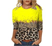 Tunika Damen Leopard Oberteile Dreiviertelärmel Tshirt Bunte Bluse 2023 Shirt Sommer Pullover mit Rundhalsausschnitthals Tops Longbluse All Match T-Shirt Locker Blusentops Beachwear für Frauen