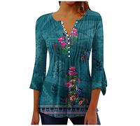 Tunika Damen Sommer Casual Langarm Tshirt 3/4 Ärmel Henley V-Ausschnitt Hemden luse Tuniken Knopfleiste Longshirt Lockere Tunika für Frauen Elegante Falten Shirt Oberteile Sommertops Blumen Bluse