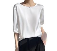 Tunika Damen Sommer,Damen-Bluse Aus Satin Sommer Elegant Schlicht Einfarbig Pullover Mit Rundhalsausschnitt Hemden Oberteile Modische Halbarm-Tunika-Oberteile Lässige Lockere Arbeitsblusen Seiden-T