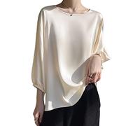 Tunika Damen Sommer,Damen-Bluse Aus Seidensatin Sommer Modisch Schlicht Rundhalspullover Hemden Oberteile Elegant Lockere 3/4-Laternenärmel Tunika-Oberteile Lässige Formelle Party-Arbeitsblusen T-