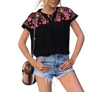 Tunika Damen Sommer,Damen-Bluse Sommer Aztekische Ethnische Blumenstickerei Quaste Schnürpullover Hemden Oberteile Vintage-Spleißen Kurze Ärmel Tunika-Oberteile Boho-Strand-T-Shirts Für Damen Un