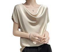 Tunika Damen Sommer,Damen-Satinbluse Sommer Elegant Solide Rollkragenpullover Hemden Oberteile Modische Kurzarm-Tunika-Oberteile Lässige Lockere Arbeitsblusen Seiden-T-Shirts Für Damen Und Mädche