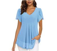 Tunika Damen Sommer Einfarbig Chiffon Bluse Elegant Plissee T-Shirt V-Ausschnitt Trendy Oberteile BlüTenblatt Kurzarm Hemd Leichte Strand Tops Urlaub Longbluse FließEnde Kurzarmshirt Freizeithemd