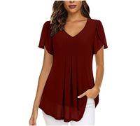 Tunika Damen Sommer Einfarbig Chiffon Bluse Elegant Plissee T-Shirt V-Ausschnitt Trendy Oberteile BlüTenblatt Kurzarm Hemd Leichte Strand Tops Urlaub Longbluse FließEnde Kurzarmshirt Freizeithemd