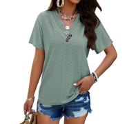 Tunika Damen Sommer Elegant Bluse Kurzarm Leicht Lose Basic T-Shirt mit V-Ausschnitt Festliche Oberteile Schickes Shirt mit Lochstickerei Grün L