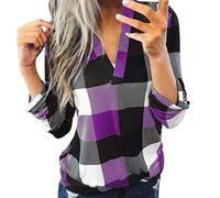 Tunika Damen Sommer Karohemd Kariertes Hemd Shirt V-Ausschnitt Langarm Hemdbluse Mit Knöpfen Kariert Classic Oberteil Karo Bluse Langarmshirt Tops Blusen & Tuniken Für Damen Longbluse S-3Xl