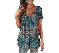 Tunika Damen Sommer Kurzarm - T Shirt V Ausschnitt Knopfleiste Bluse Elegant Oberteile mit Vintage Druck Plissiert Locker Tshirt Longshirt Henley Tops T-Shirts Blusen & Tuniken für Damen