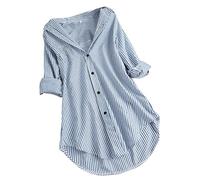Tunika Damen Sommer Langarm Blau-Weiß Gestreifte Lang Langarmshirt Long Bluse Longbluse Sommer Oversized Mode V-Ausschnitt Leicht Große Größen Tunika Hemd Oberteile Tops Streifenbluse Hemdbluse