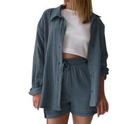 Tunika Damen Sommer, Musselin Bluse Damen Shirts Bluse Elegant Tunics Sommer Tshirt Kurzarm Leinen Knopf Bluse Lange Oversized T-Shirt Casual für Leggings