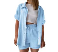 Tunika Damen Sommer, Musselin Bluse Damen Shirts Bluse Elegant Tunics Sommer Tshirt Kurzarm Leinen Knopf Bluse Lange Oversized T-Shirt Casual für Leggings