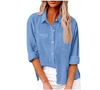 Tunika Damen Sommer Strand Lang Leinenhemd 3/4 Arm Hemdbluse Leicht Luftig Leinenbluse Locker Sommershirts Baumwolle Oberteile Casual Leinenshirt Button-Down Longbluse Leinen Top Einfarbig Hemd