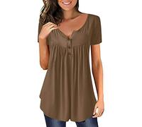 Tunika Damen Sommer - T-Shirt Damen V-Ausschnitt,Bluse Damen Kurzarm Oberteile mit Knöpfen Elegant Plissiert Lose Tshirt Große Größen Longshirt Henley Tops T-Shirts & Blusen für Frauen