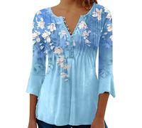 Tunika Damen Tshirt Casual Langarm V-Ausschnitt Longshirt Knopfleiste Shirt Lockere Blusen Oberteile Sommer T Shirt Sommershirt 3/4 Ärmel V-Ausschnitt Locker Tunika Tops