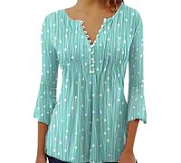 Tunika Damen Tshirt Casual Langarm V-Ausschnitt Longshirt Knopfleiste Shirt Lockere Blusen Oberteile Sommer T Shirt Sommershirt 3/4 Ärmel V-Ausschnitt Locker Tunika Tops