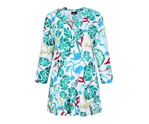 Tunika GOLDNER "Halbarm Tunika mit Allover-Print", Damen, Gr. 42, weiß (weiß, grün, gemustert), Obermaterial: 95% Viskose CV. 5% Elasthan EL., weit, Tubular, Tuniken, Knopfleiste (77495160-42) weiß, g